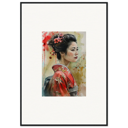 Watercolor painting of a woman in a red kimono for Dream Blossoms Afloat framed wall art