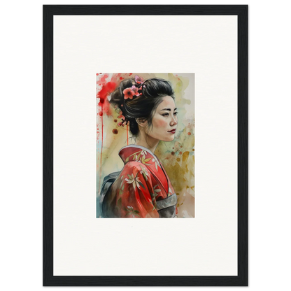 Watercolor painting of a Geisha in red kimono, part of Dream Blossoms Afloat collection