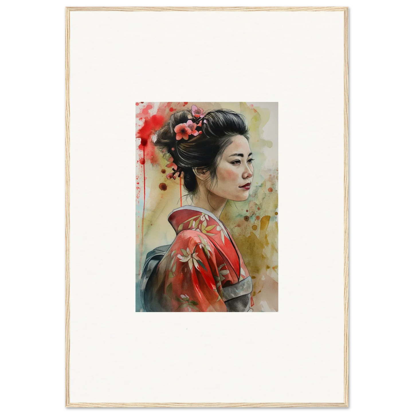 Watercolor painting of a woman in red kimono for Dream Blossoms Afloat framed wall art