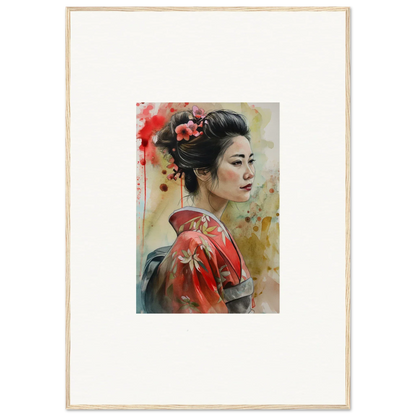 Watercolor painting of a woman in red kimono for Dream Blossoms Afloat framed wall art