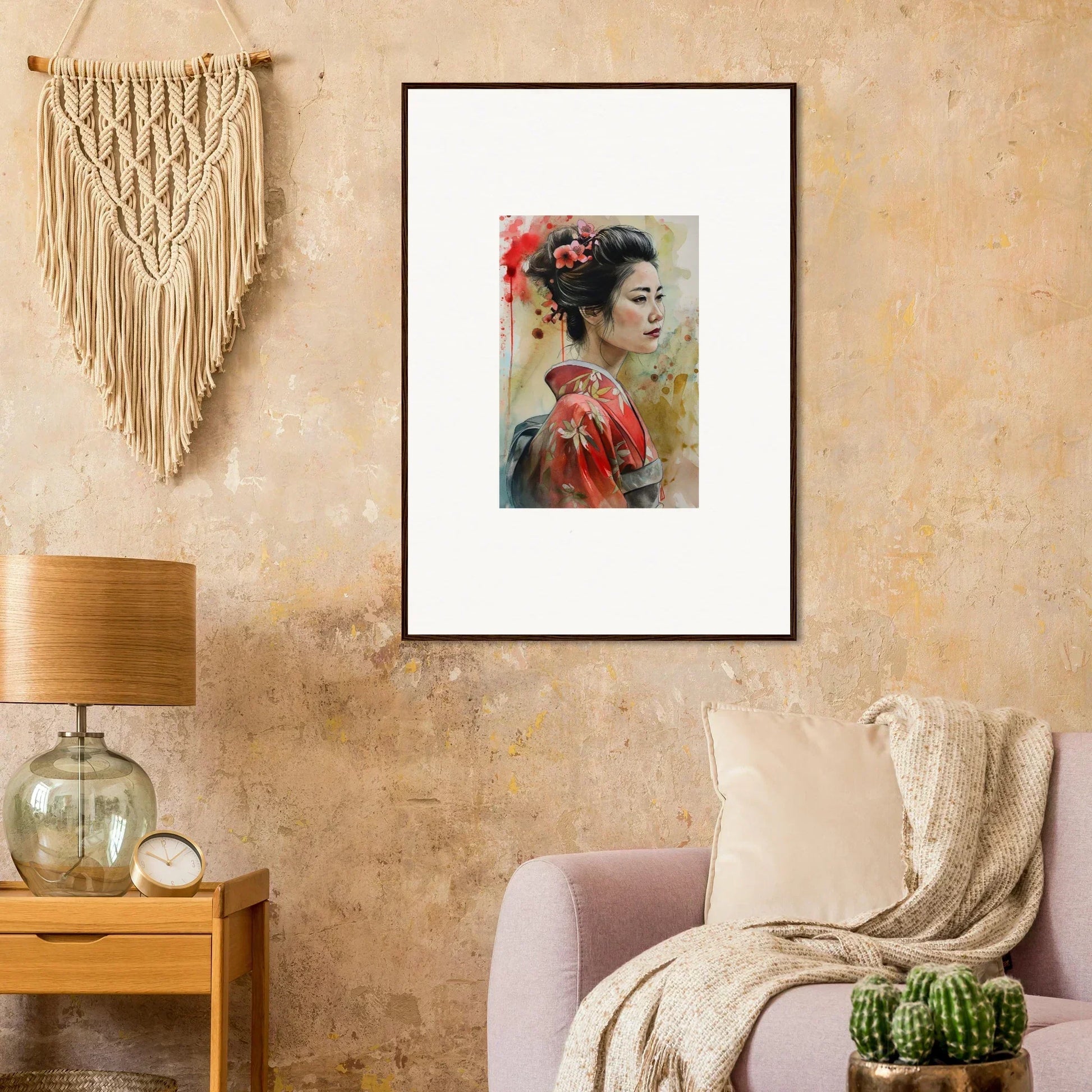 Framed wall art of Dream Blossoms Afloat with a figure in traditional Japanese attire