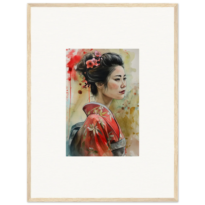 Watercolor painting of a geisha in red kimono for Dream Blossoms Afloat framed wall art