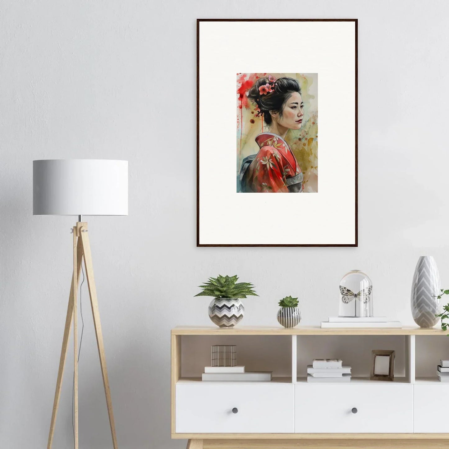 Framed watercolor art of a figure in Japanese style, Dream Blossoms Afloat special edition