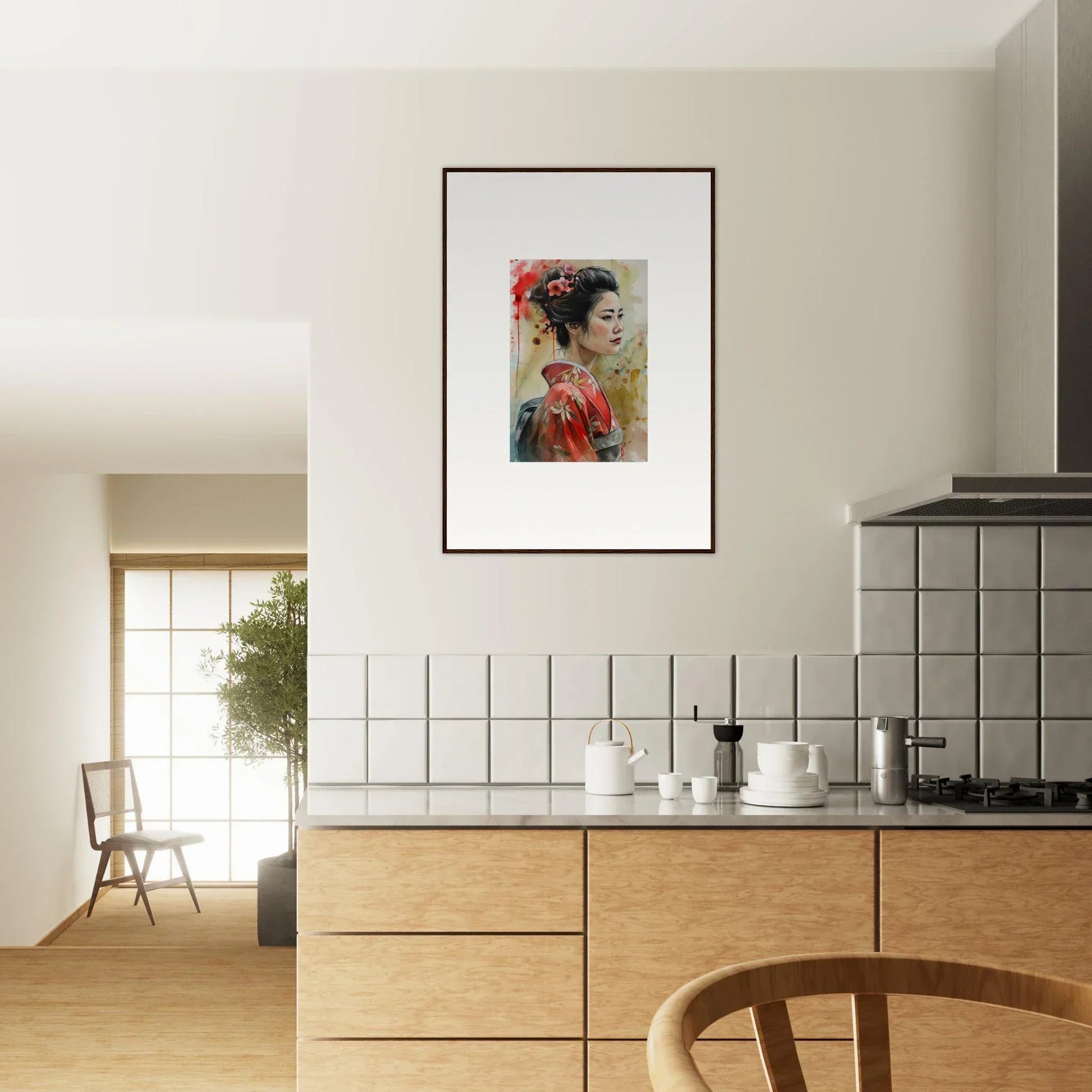 Framed wall art of Dream Blossoms Afloat in red and beige tones on a white wall