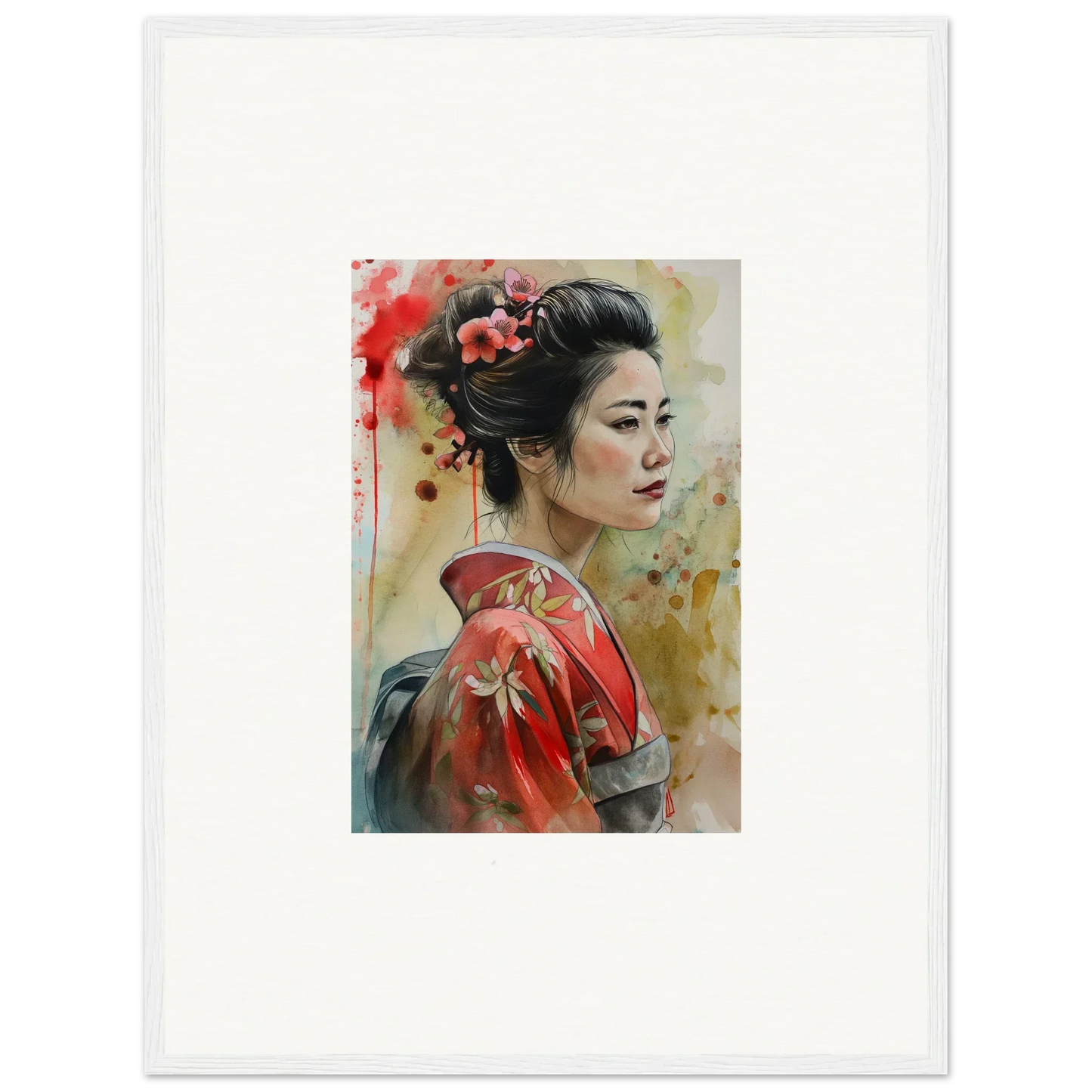 Watercolor painting of a geisha in a red kimono from Dream Blossoms Afloat special edition art™