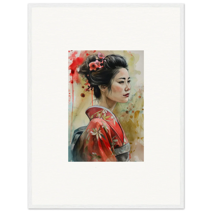 Watercolor painting of a geisha in a red kimono from Dream Blossoms Afloat special edition art™