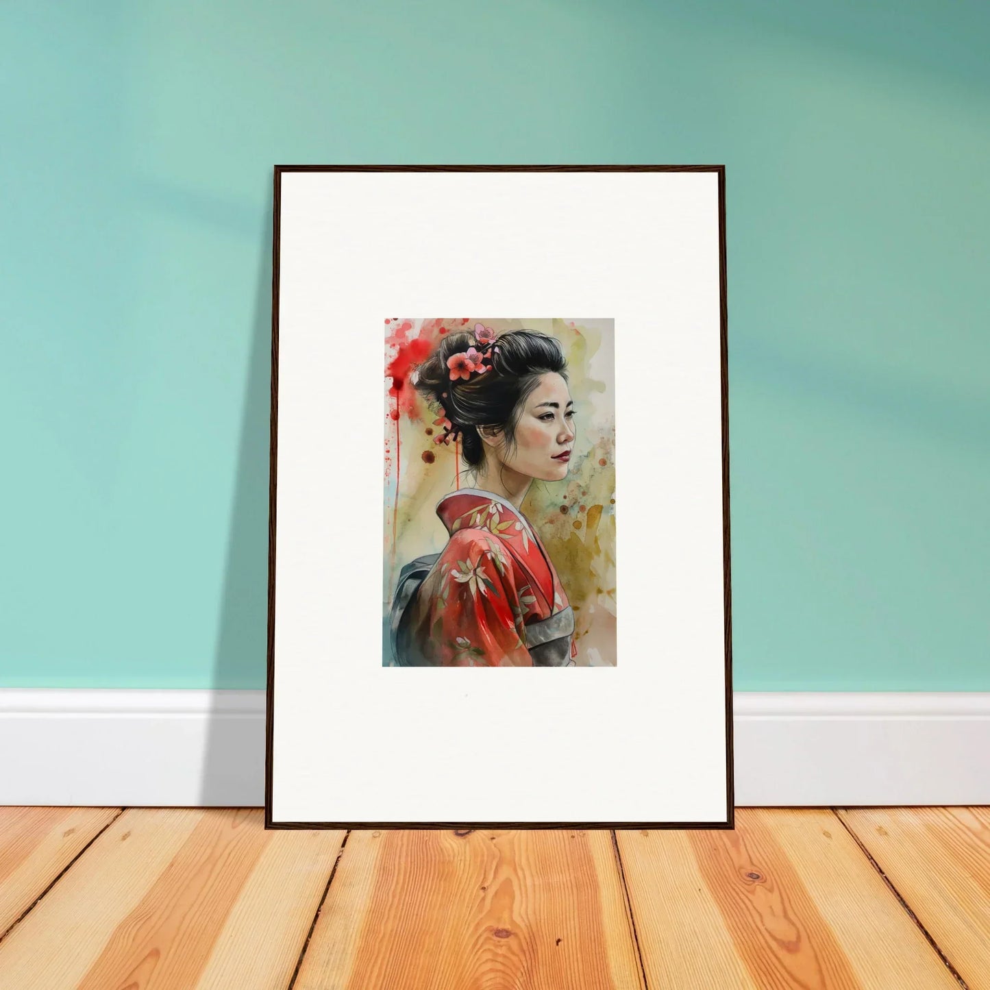 Framed watercolor art of a figure in traditional dress in Dream Blossoms Afloat