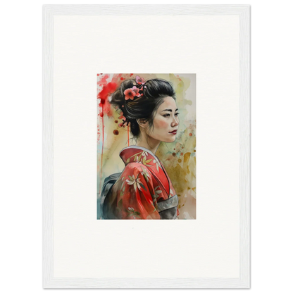 Watercolor of a Geisha in a red kimono for Dream Blossoms Afloat framed wall art