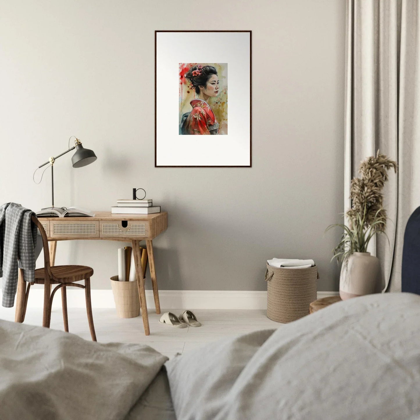 Framed wall art ’Dream Blossoms Afloat’ with red and black brushstrokes on gray wall