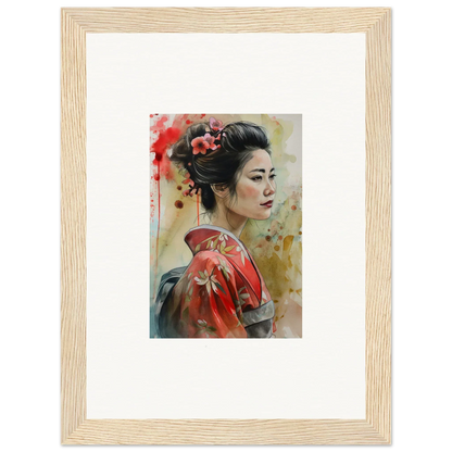 Watercolor painting of a woman in a red kimono for Dream Blossoms Afloat framed wall art