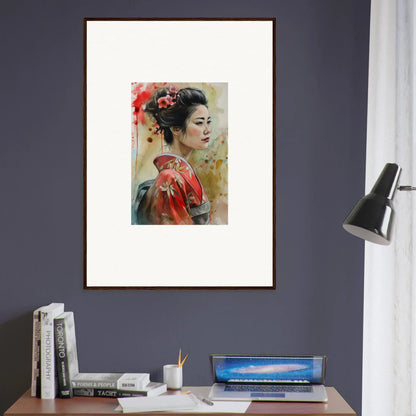 Framed watercolor art of a geisha in red kimono from Dream Blossoms Afloat collection