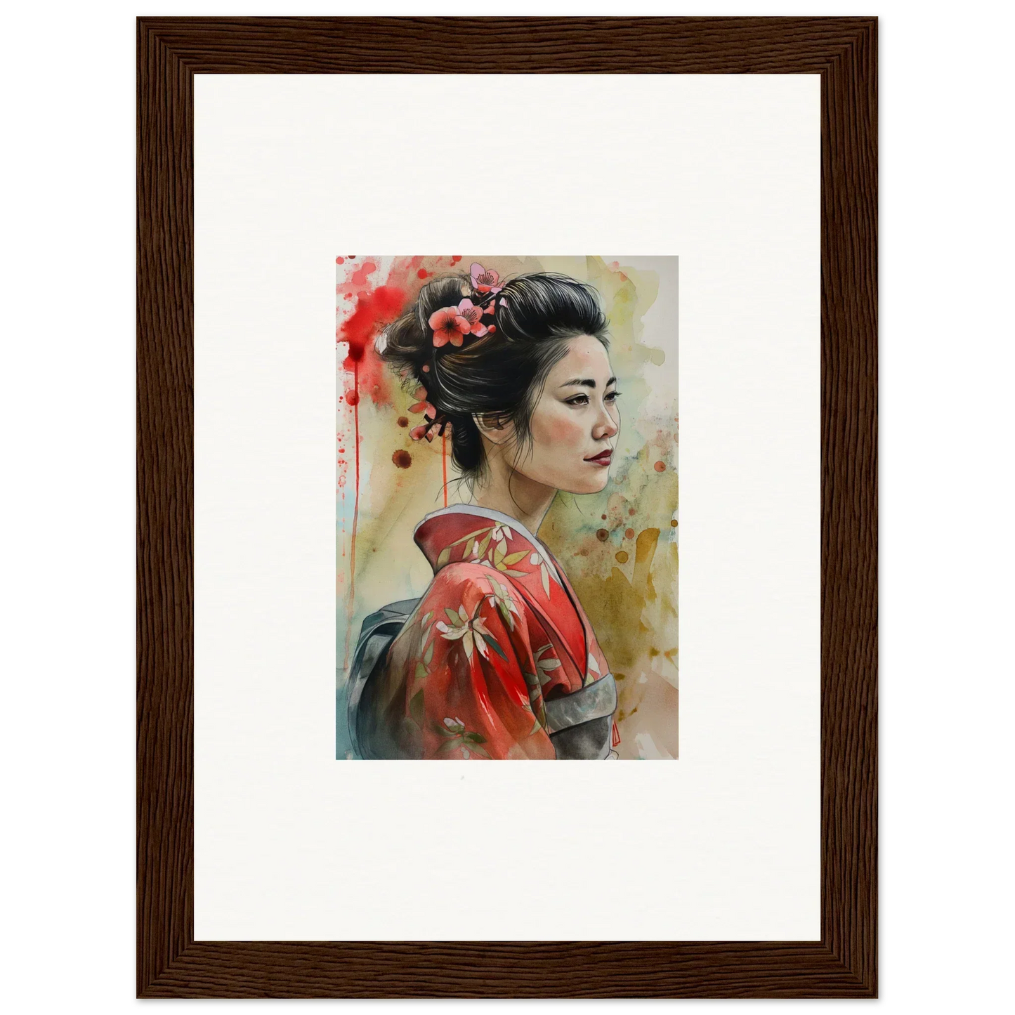 Watercolor of a geisha in red kimono, part of Dream Blossoms Afloat special edition art™