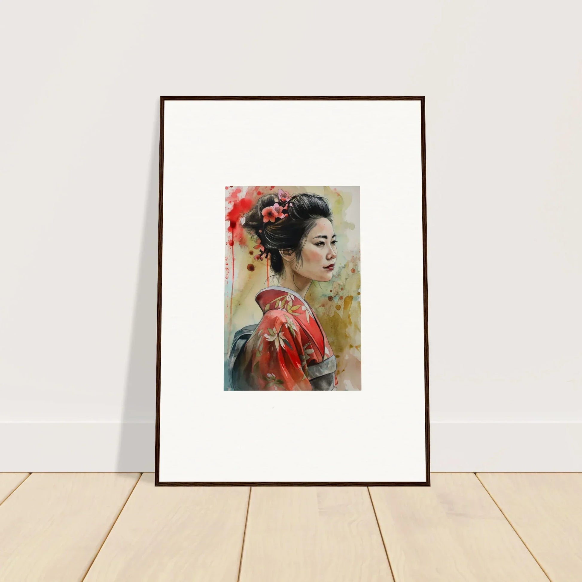 Framed wall art of a geisha in a red kimono from Dream Blossoms Afloat collection