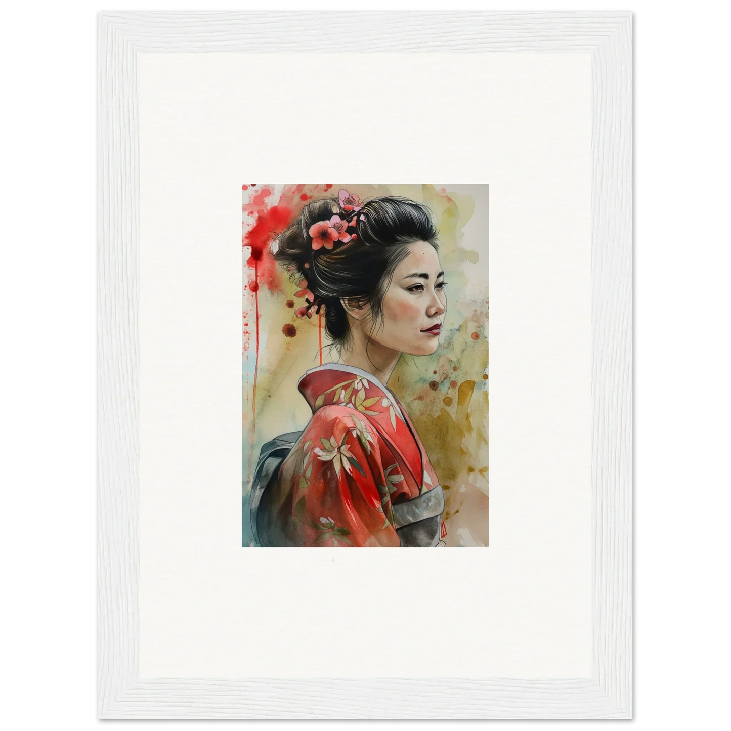 Watercolor painting of a woman in a red kimono for Dream Blossoms Afloat framed wall art