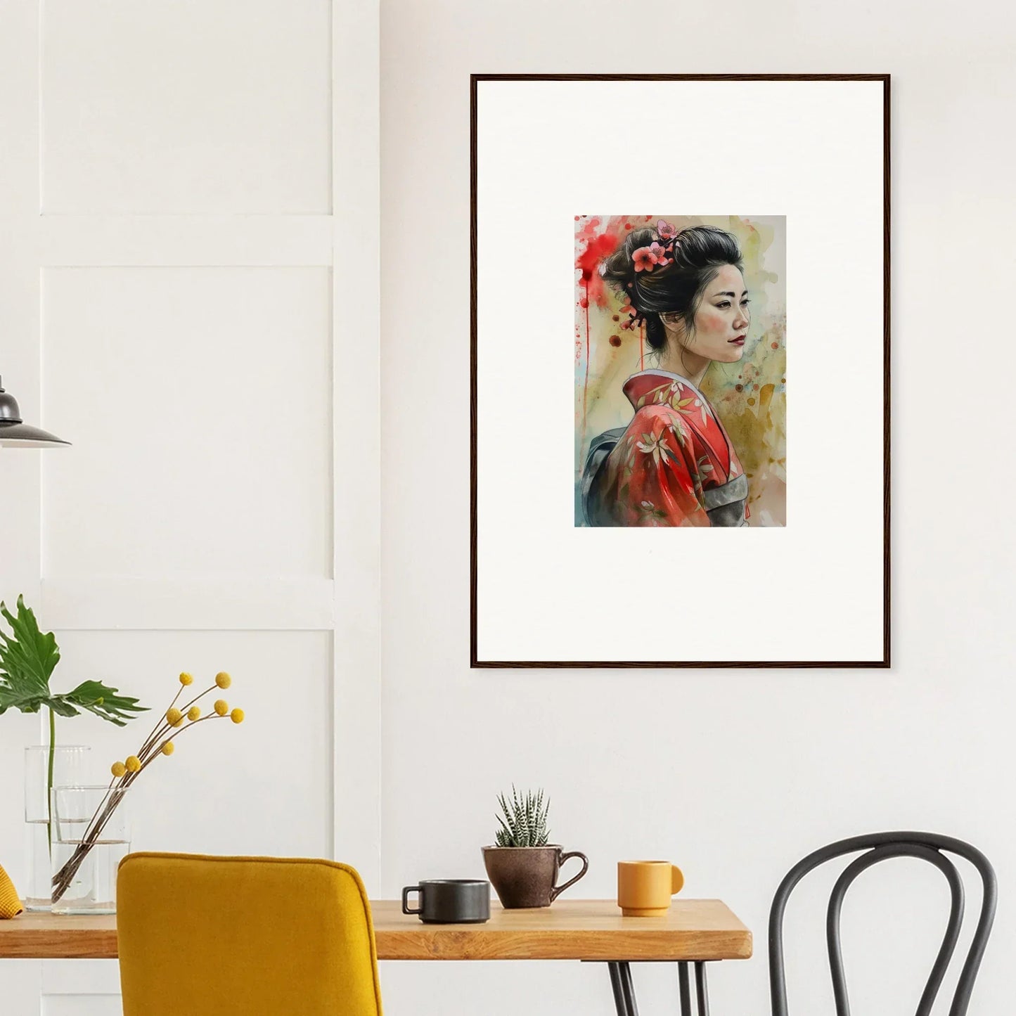 Framed wall art of a geisha in a red kimono from Dream Blossoms Afloat special edition art™