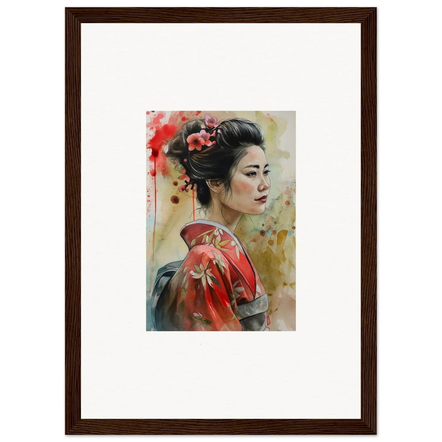 Watercolor painting of a geisha in a red floral kimono for Dream Blossoms Afloat