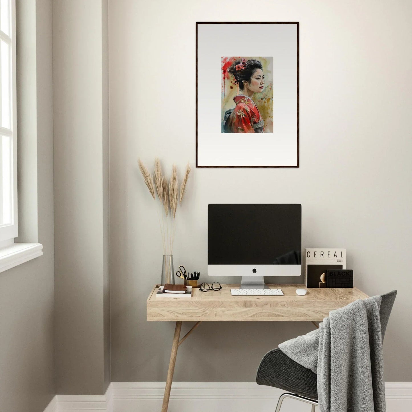 Minimalist wooden desk with iMac and Dream Blossoms Afloat framed wall art above