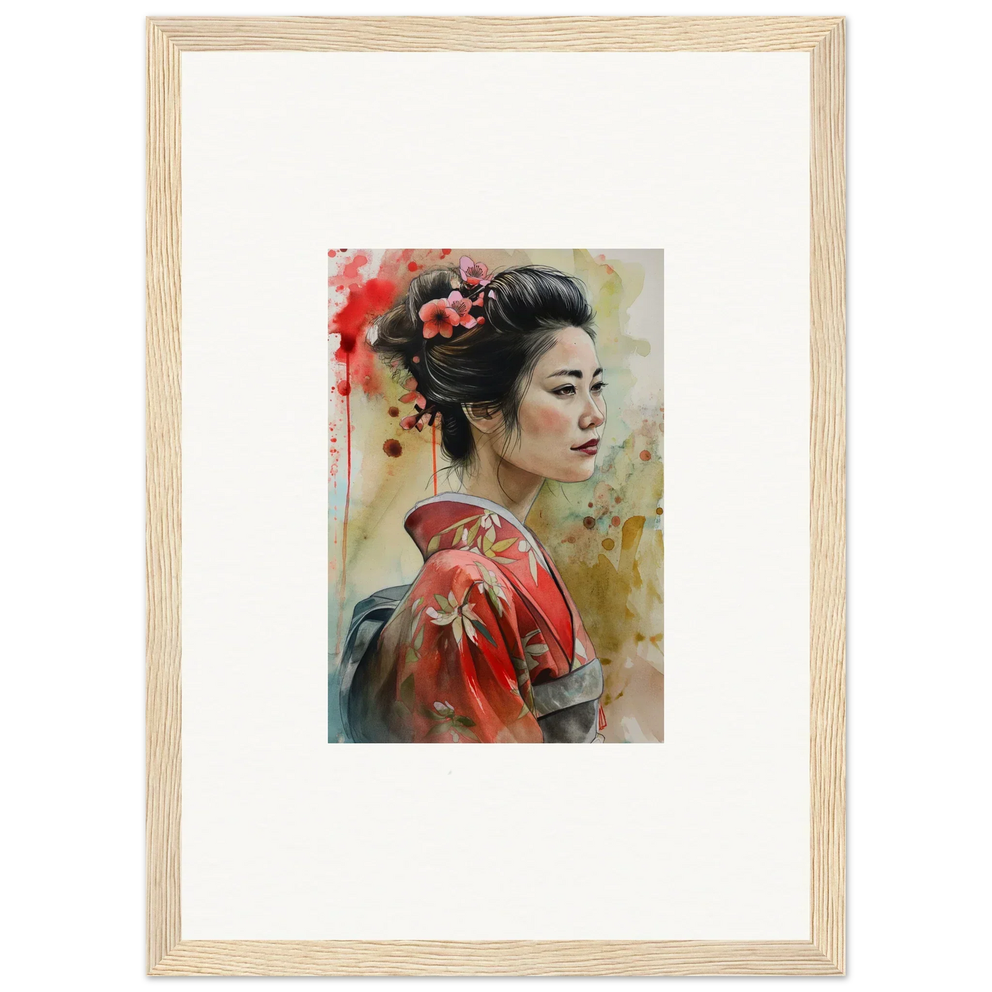 Watercolor painting of a geisha in red kimono, part of Dream Blossoms Afloat special edition art