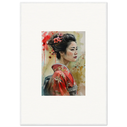 Watercolor of a geisha in a red kimono from Dream Blossoms Afloat special edition art™