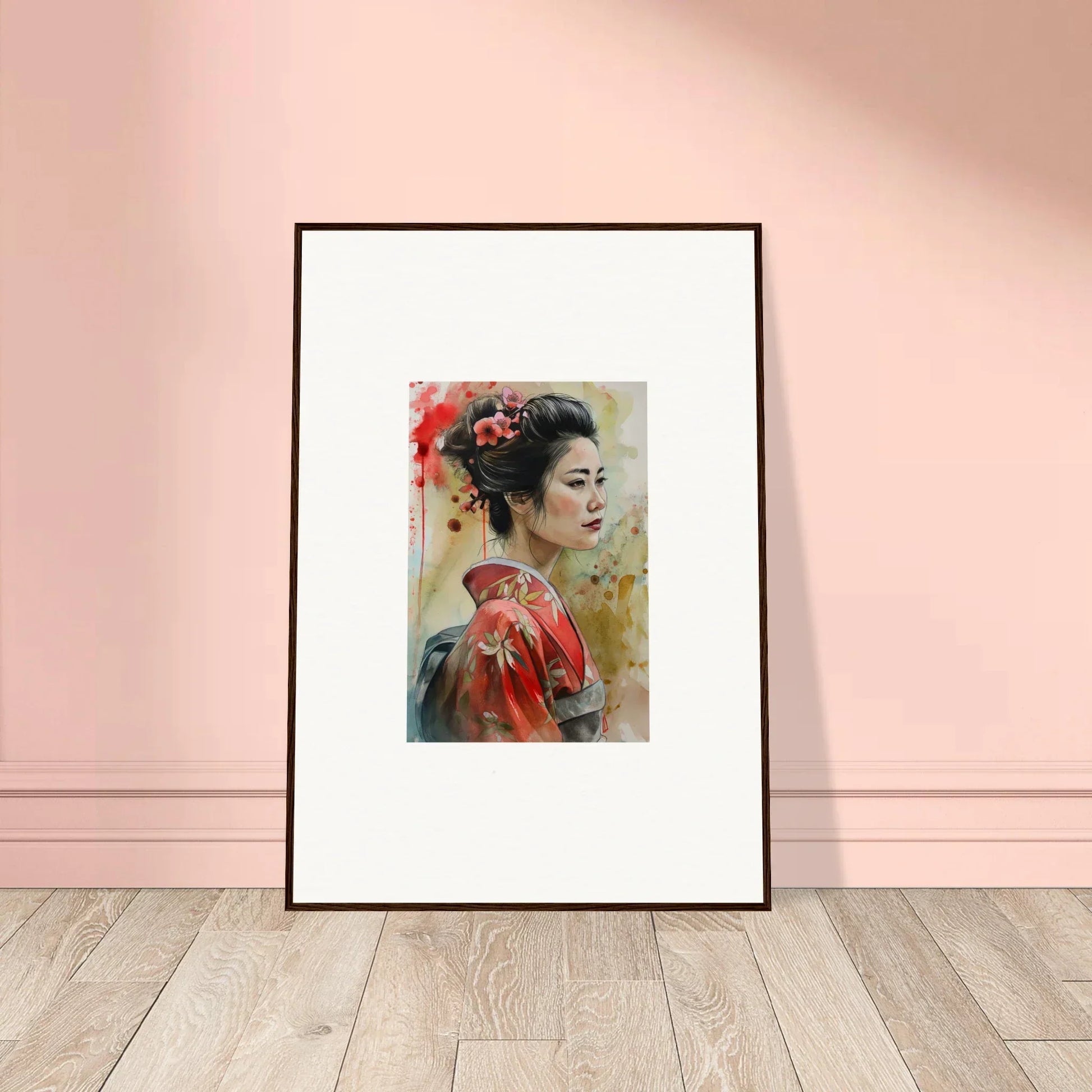 Framed wall art of a geisha in red kimono from Dream Blossoms Afloat special edition art™