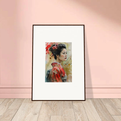 Framed wall art of a geisha in red kimono from Dream Blossoms Afloat special edition art™