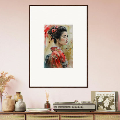 Framed wall art of a geisha in a red kimono from Dream Blossoms Afloat special edition