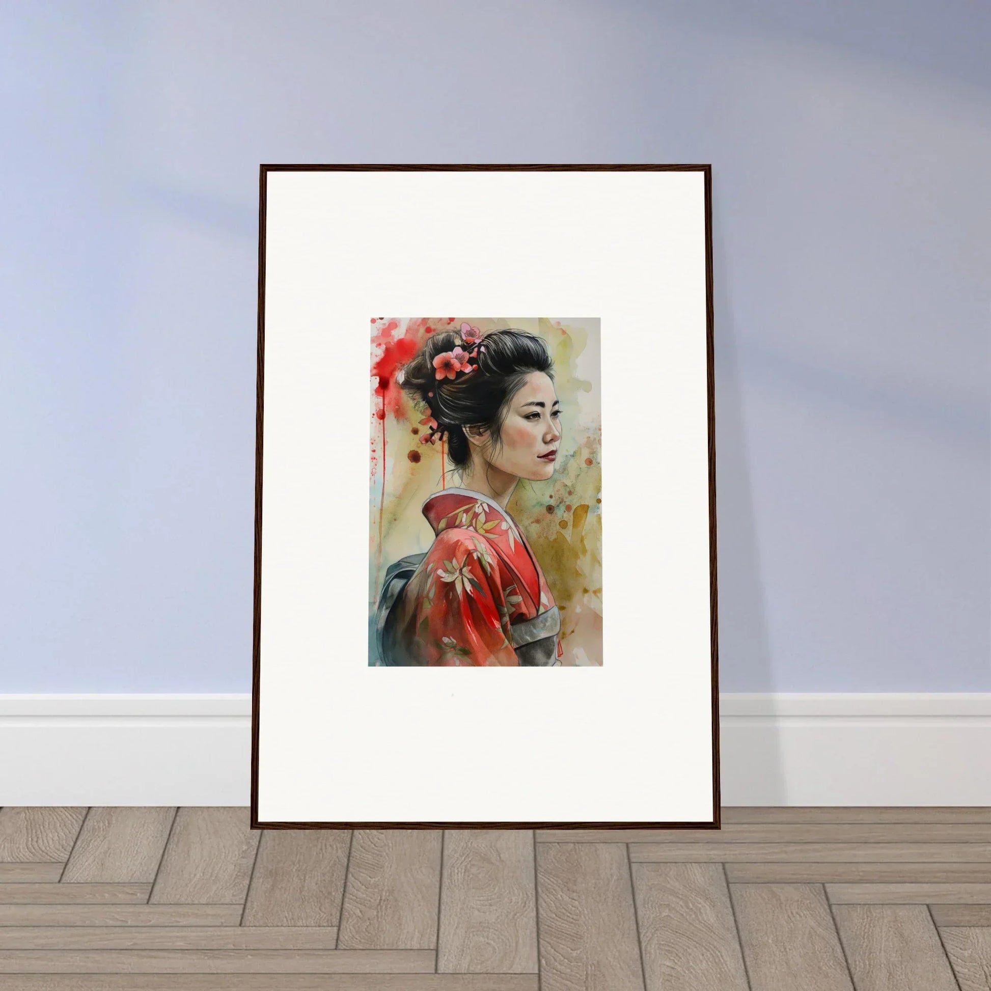 Framed watercolor of a figure in red kimono, perfect for Dream Blossoms Afloat lovers