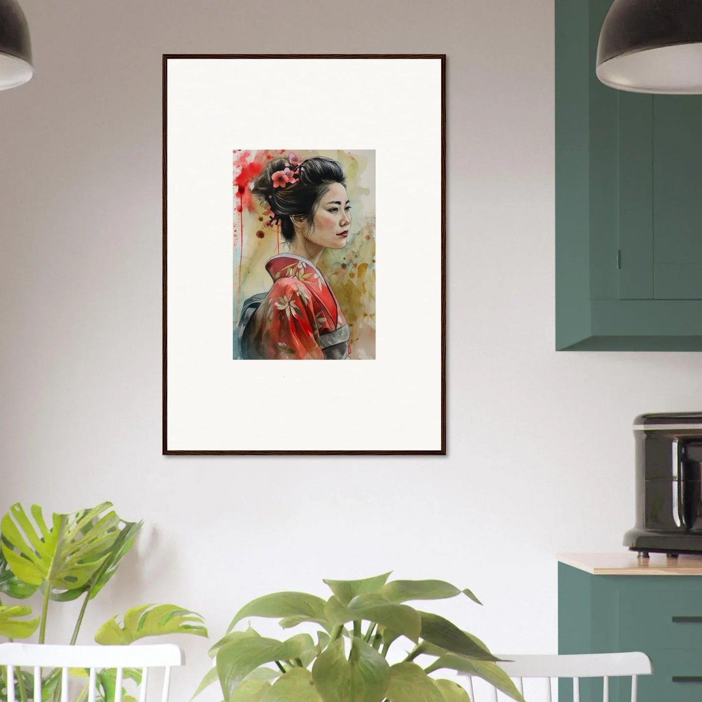 Framed wall art of a geisha in a red kimono from Dream Blossoms Afloat