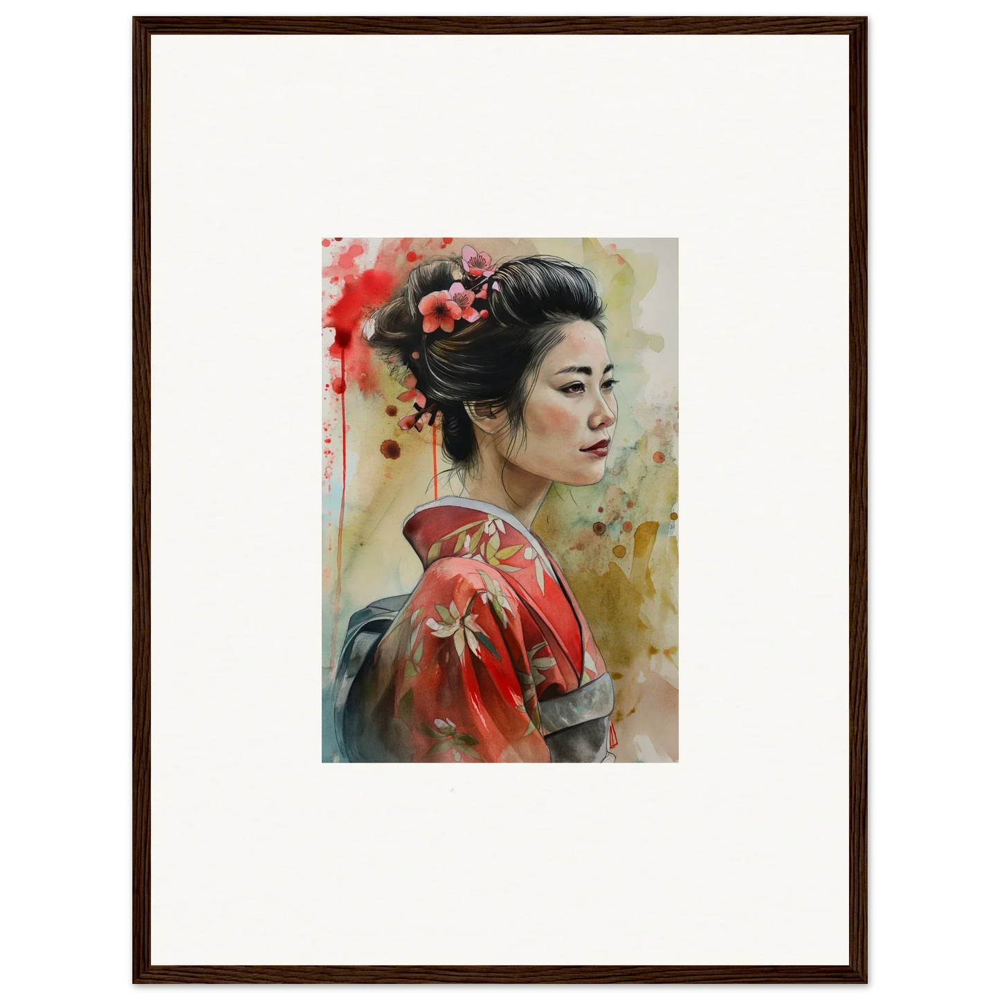 Watercolor painting of a geisha in red kimono for Dream Blossoms Afloat framed wall art