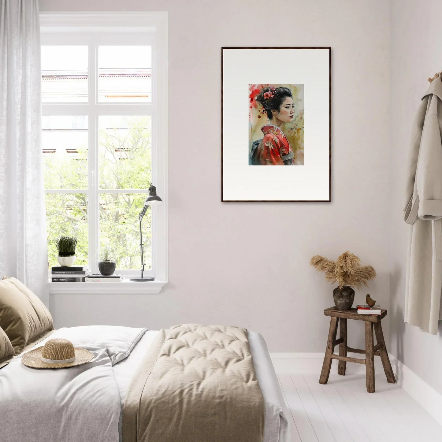 Minimalist bedroom featuring Dream Blossoms Afloat framed wall art on pale walls