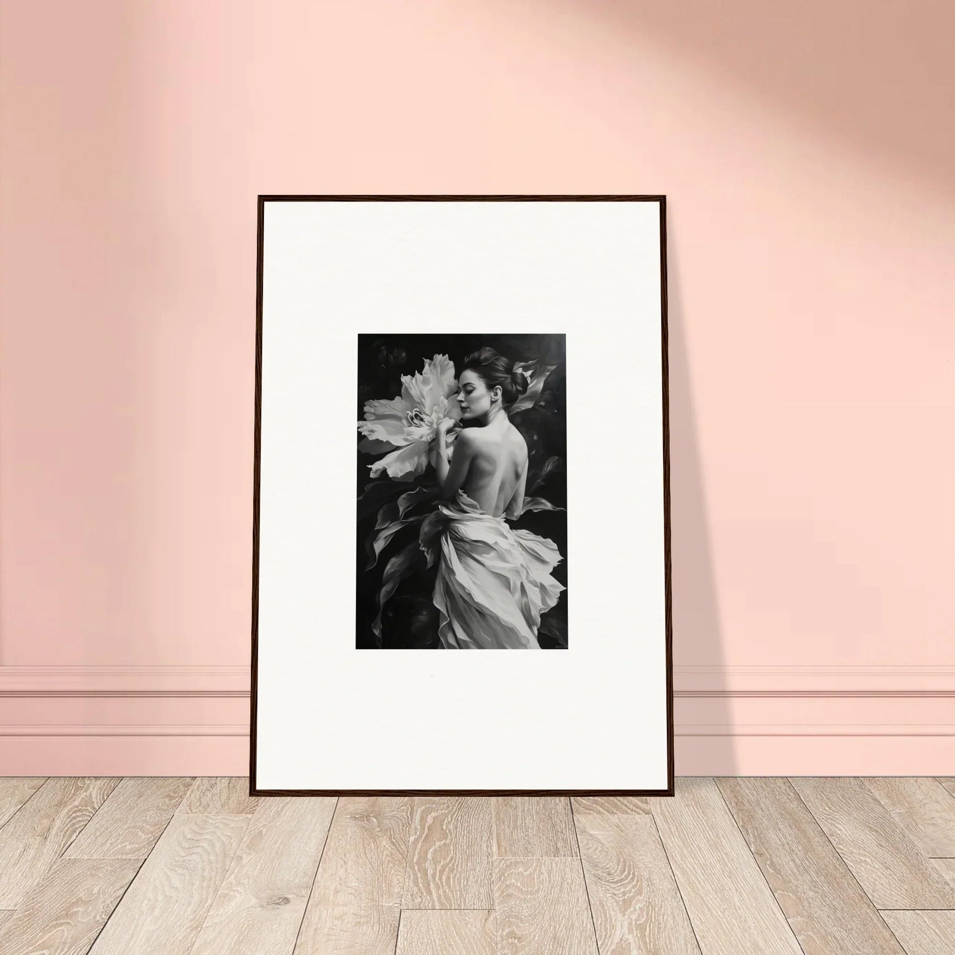 Framed black and white photo of a person with a flower from Whispering Dream Echoes