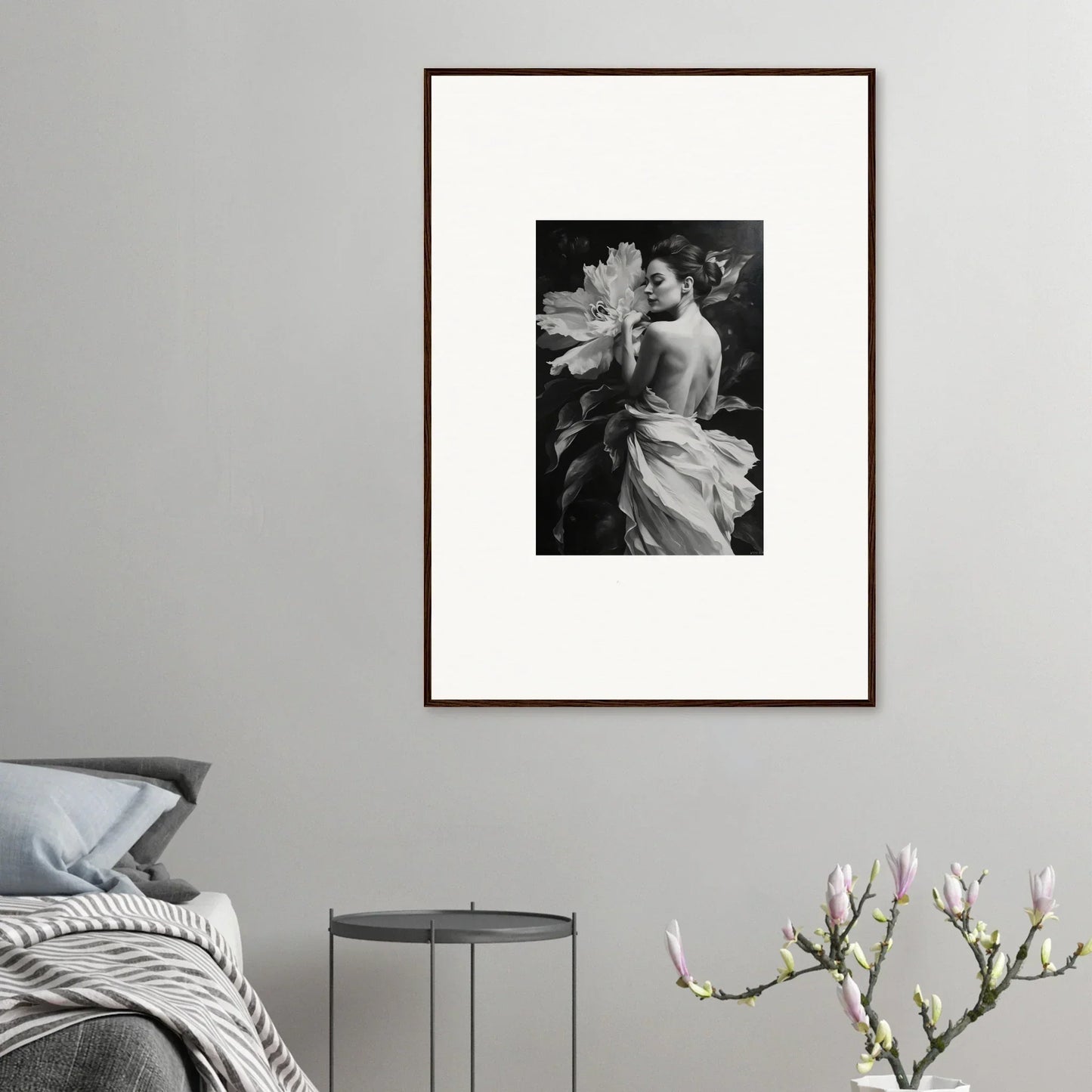 Framed black and white photo of a person with a flower, perfect for Whispering Dream Echoes