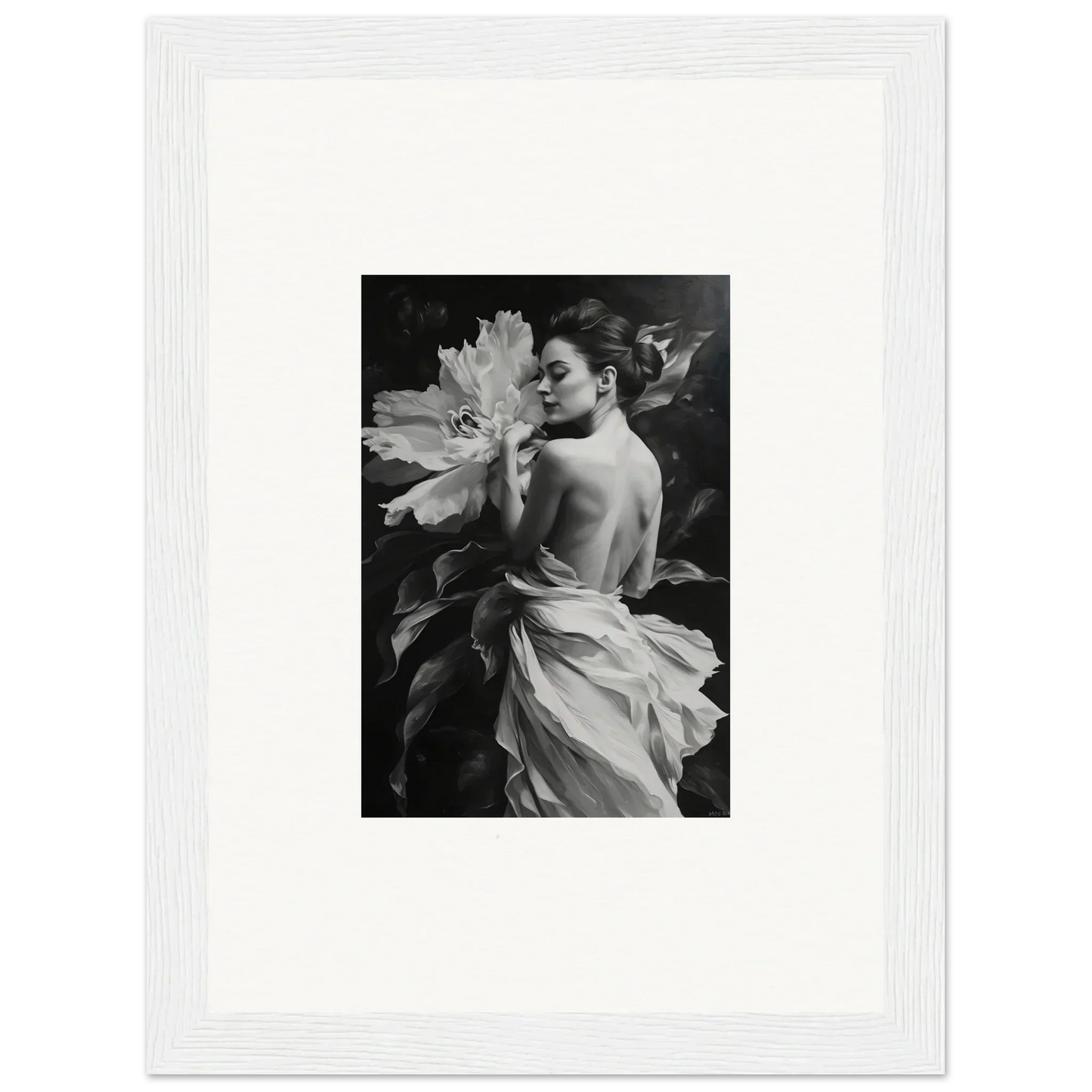 Black and white photo of a woman with bare shoulders holding a flower for Whispering Dream Echoes