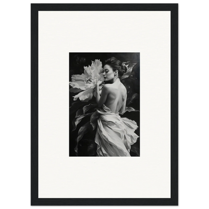 Black and white photo of a woman with a flower in a frame from Whispering Dream Echoes