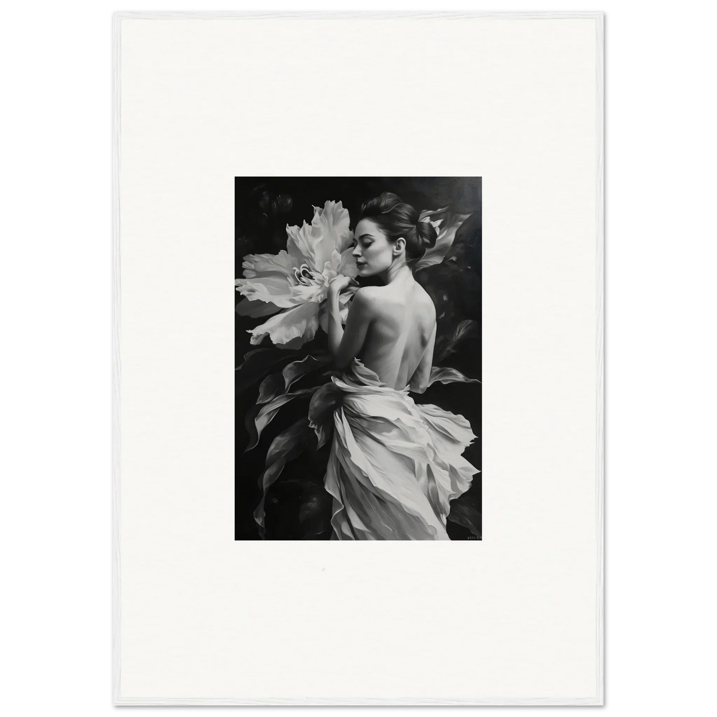 Black and white image of a woman with a flower, embodying Whispering Dream Echoes