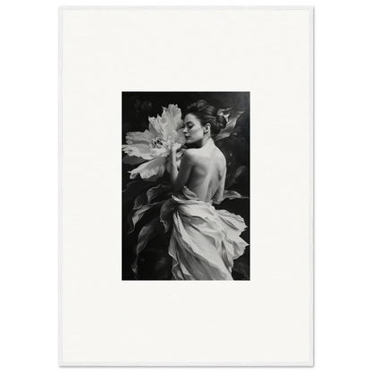 Black and white image of a woman with a flower, embodying Whispering Dream Echoes