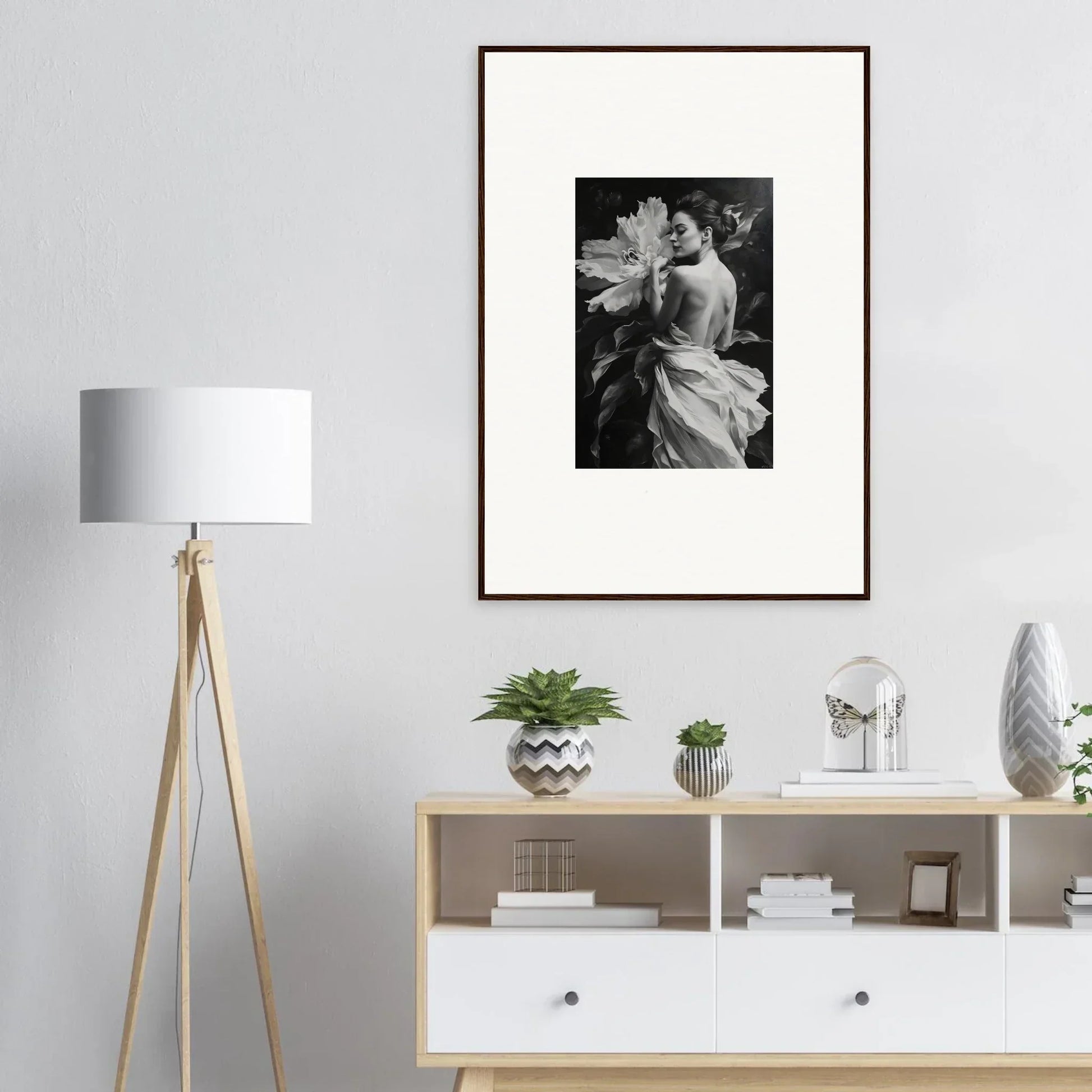 Framed black and white photo of a person with a flower from Whispering Dream Echoes