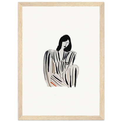 Minimalist black and white illustration of a woman in a striped dress for Whispering Dream Echoes