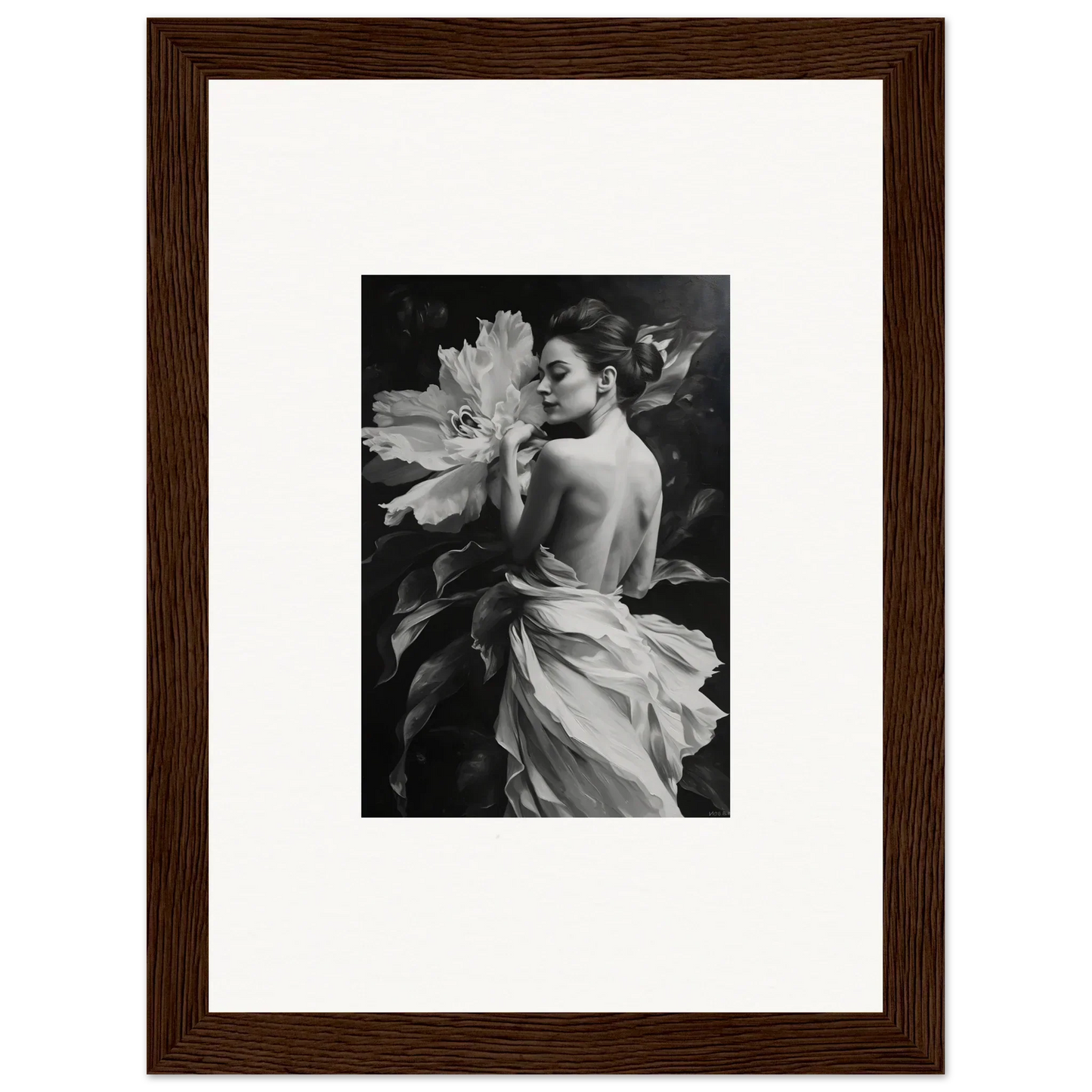 Framed black and white photo of a woman with a large flower from Whispering Dream Echoes