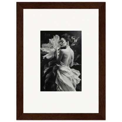 Framed black and white photo of a woman with a large flower from Whispering Dream Echoes