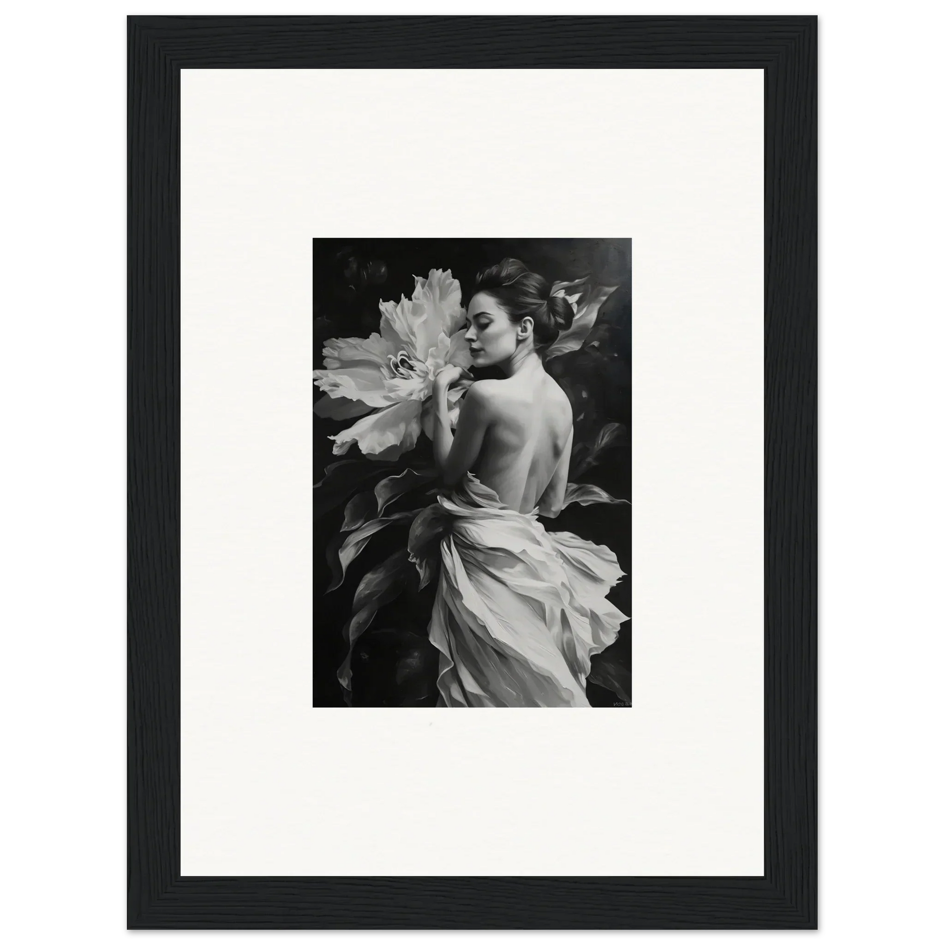 Black and white photo of a woman with a flower, part of Whispering Dream Echoes