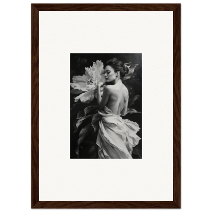 Black and white photo of a woman with a big flower in the Whispering Dream Echoes frame