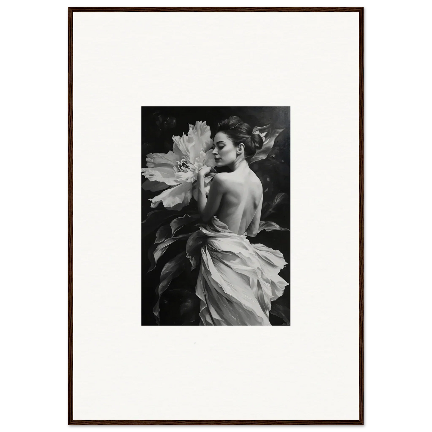 Black and white photo of a woman with a flower in flowy fabric for Whispering Dream Echoes