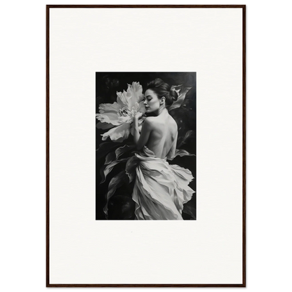 Black and white photo of a woman with a flower in flowy fabric for Whispering Dream Echoes