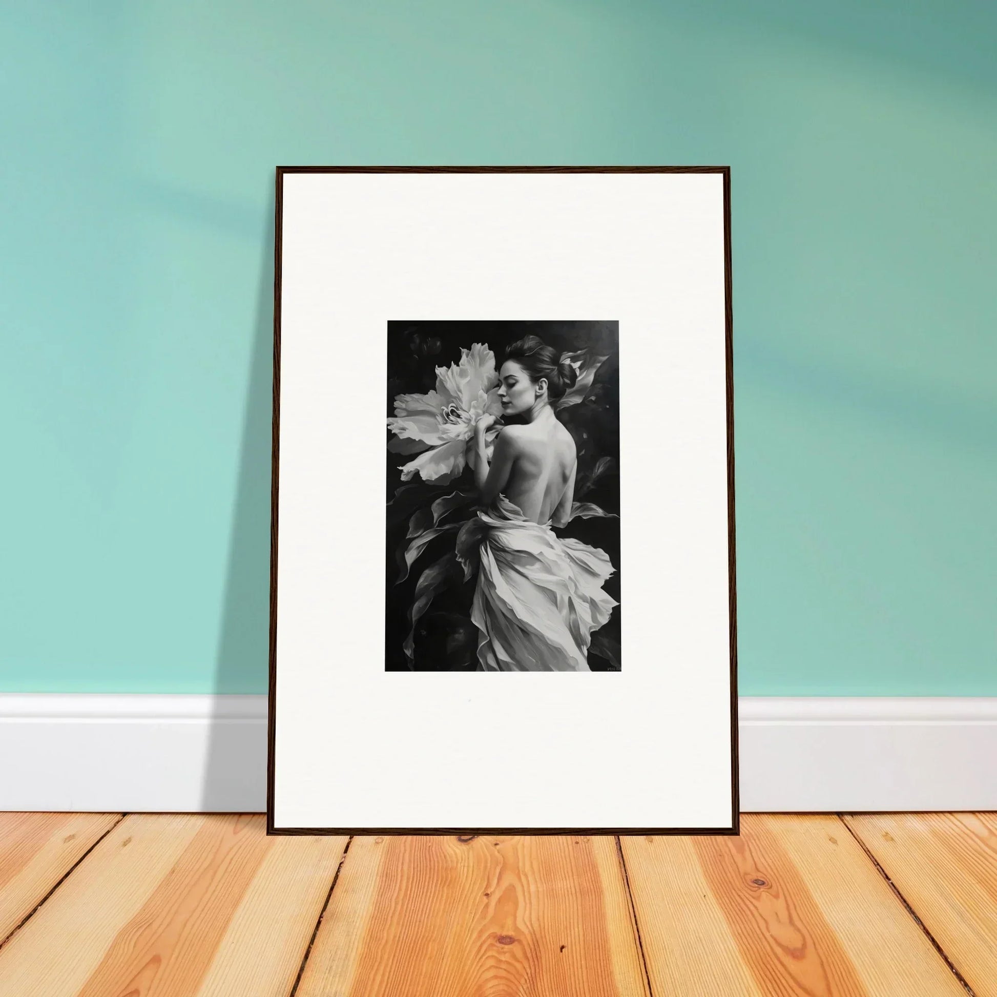 Framed black and white photo of a figure with a flower in Whispering Dream Echoes