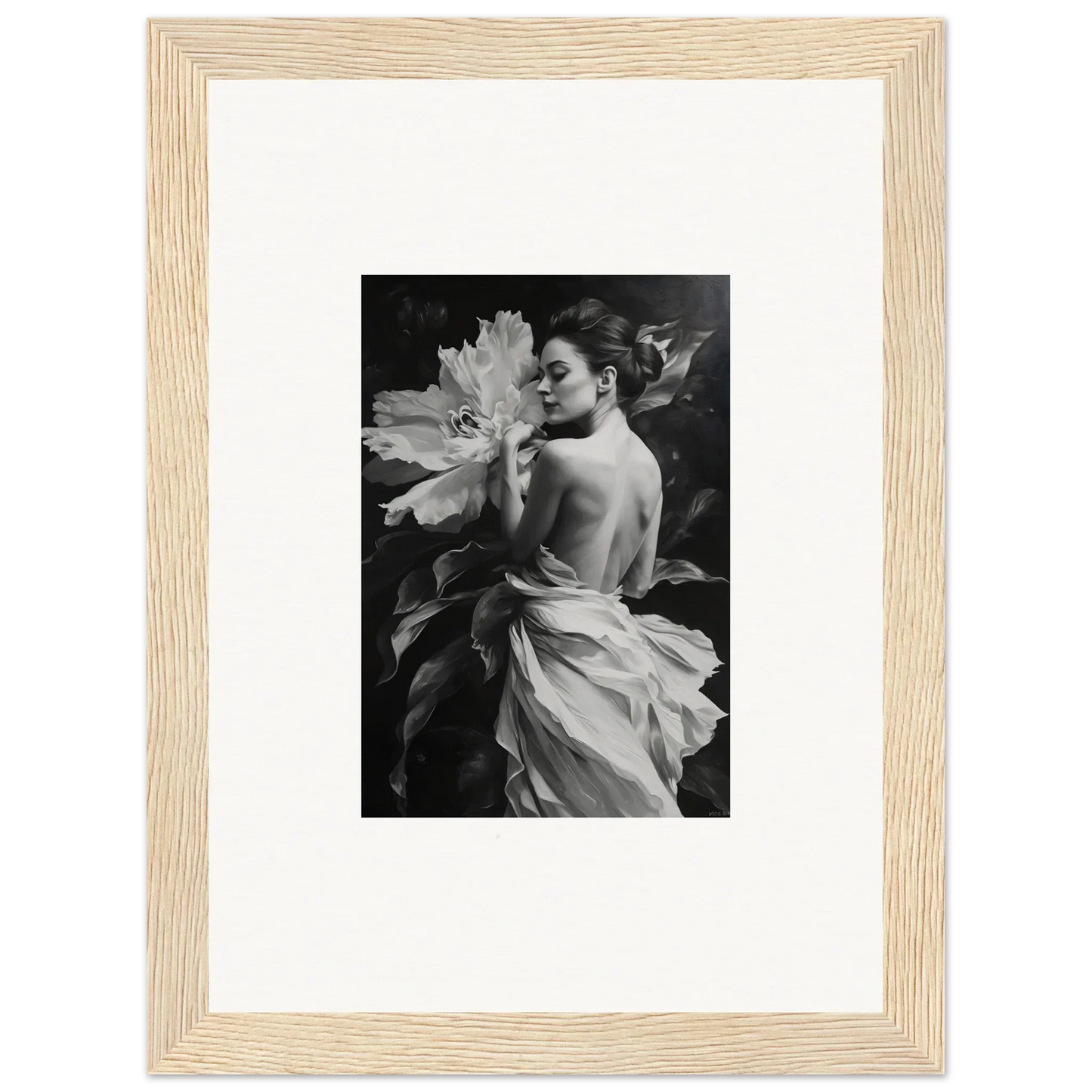 Black and white photo of a woman with a large flower for Whispering Dream Echoes