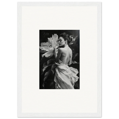 Black and white photo of a woman with a large flower in Whispering Dream Echoes