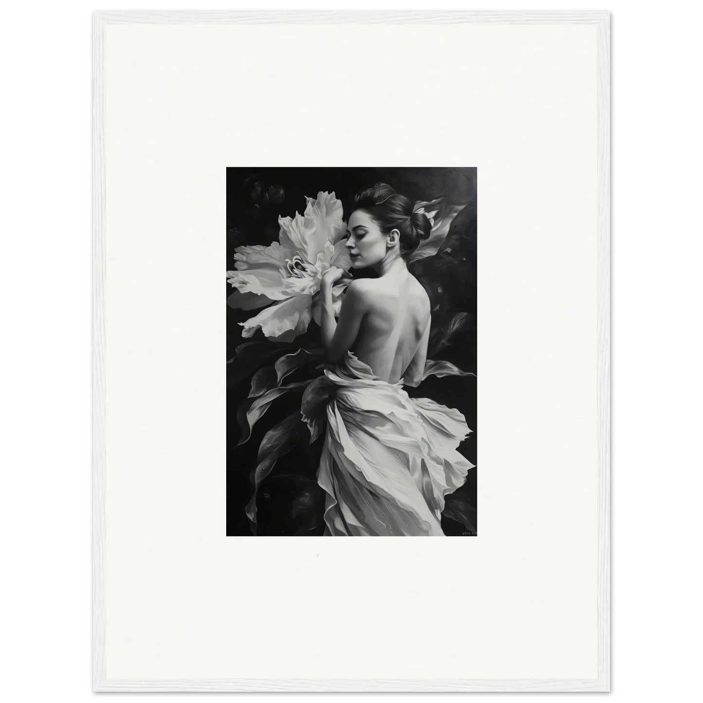 Black and white photo of a woman holding a flower for Whispering Dream Echoes