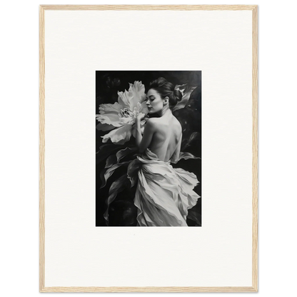 Black and white photo of a woman with floral elements for Whispering Dream Echoes