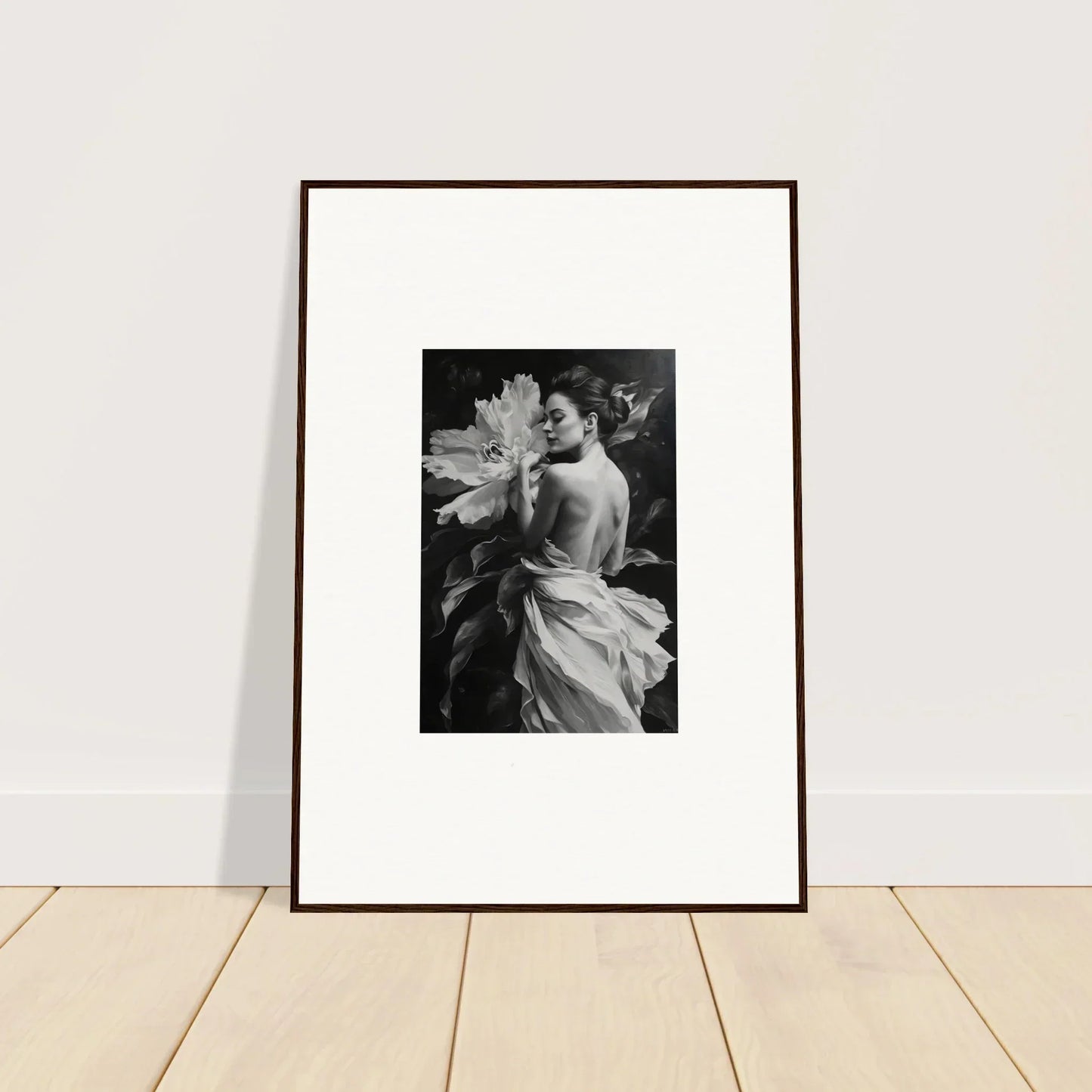 Framed black and white photo of a person with flowers, perfect for Whispering Dream Echoes